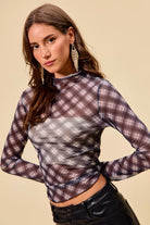 Plaid Mesh Knit Top with Thumb Opening