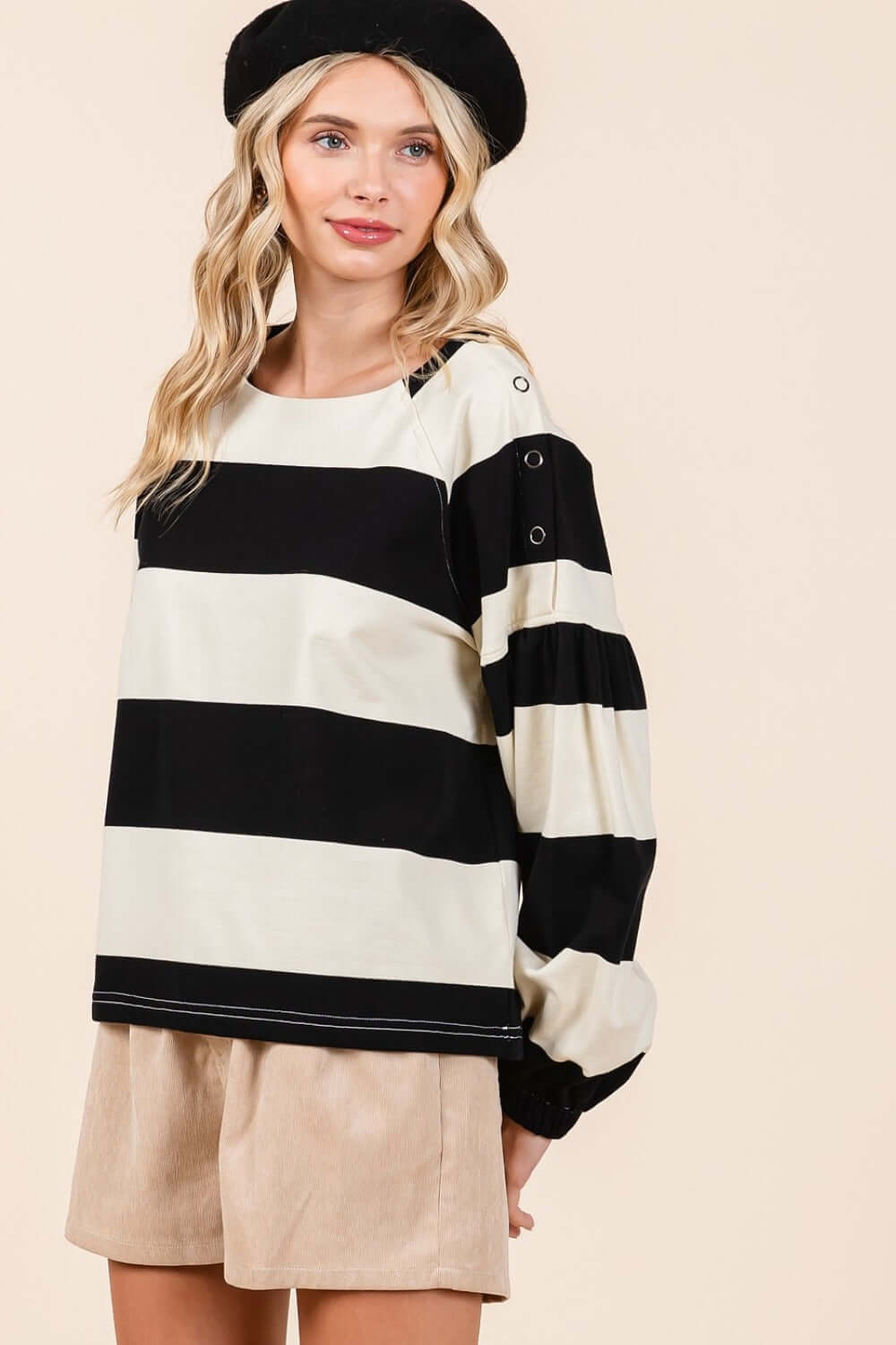 Striped Snap Shoulder Long Sleeve T-Shirt