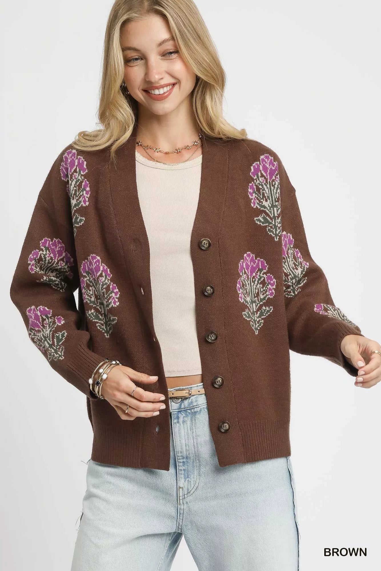 Single Flower Stem Jacquard Cardigan