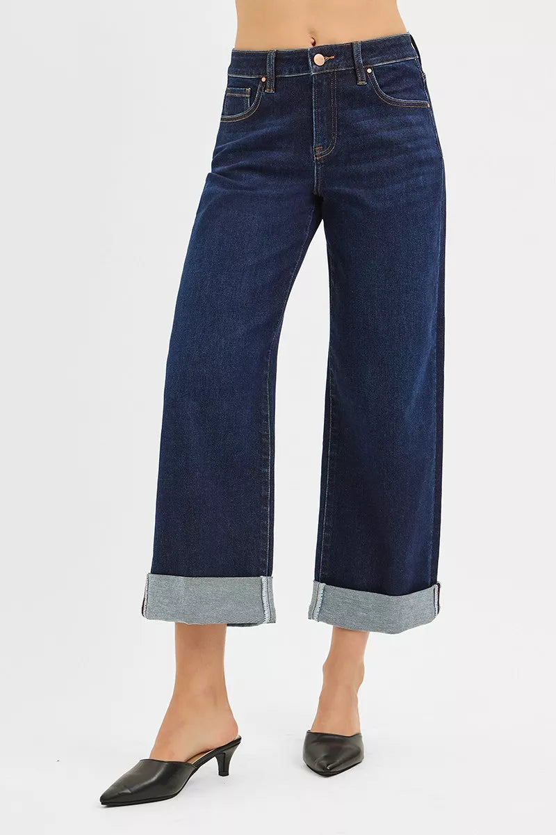 Mid Rise Fit Ankle Wide Roll Up Jeans