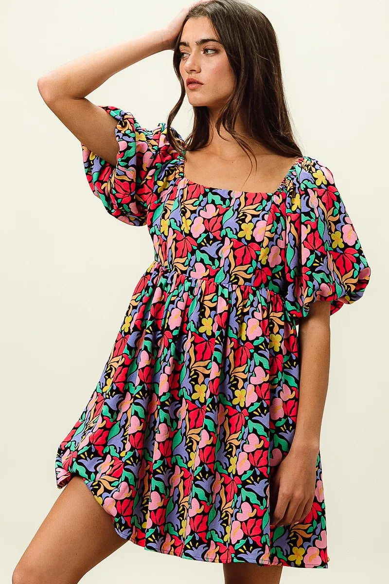 BiBi Floral Print Puff Square Neck Dress