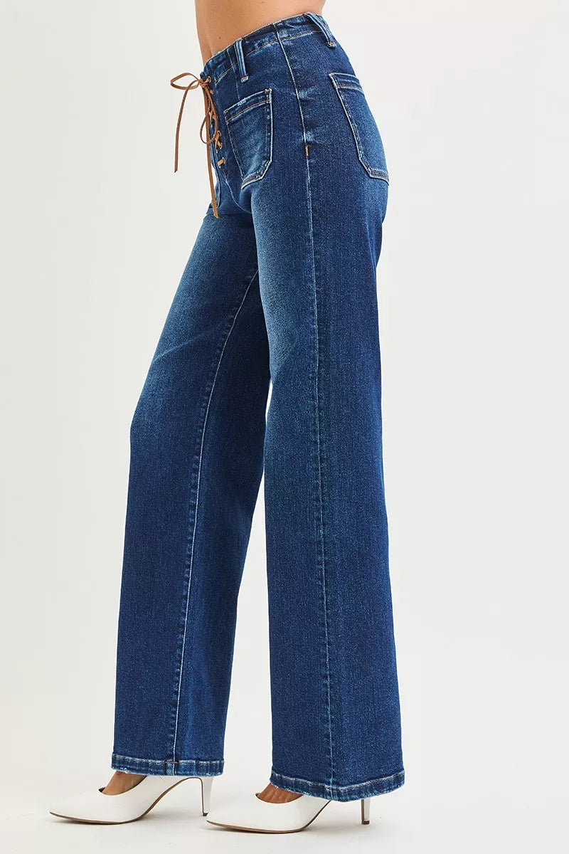 High Rise Wide Leg Jeans with Front Tie Detail