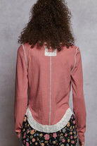POL Contrast Round Neck Long Sleeve Ribbed Top with Eyelet Patch