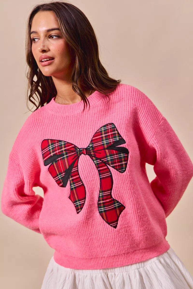 Plaid Ribbon Christmas Sweater