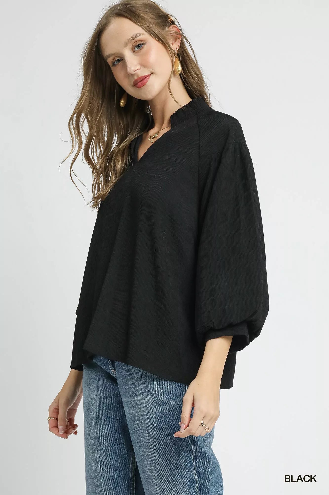 Textured V-Neck Blouse with Balloon Sleeves