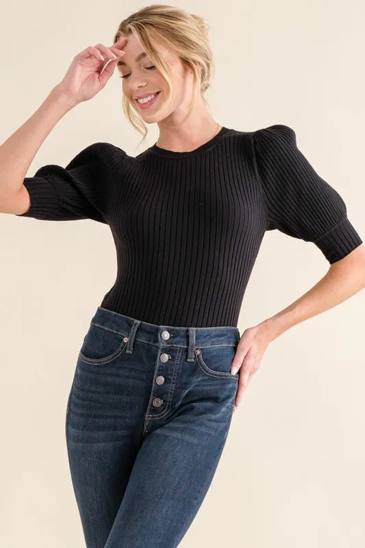 Puffed Half Sleeve Rib Bodysuit
