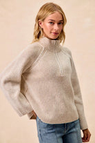 Rib Textured Knit Collared Top with Zip Up