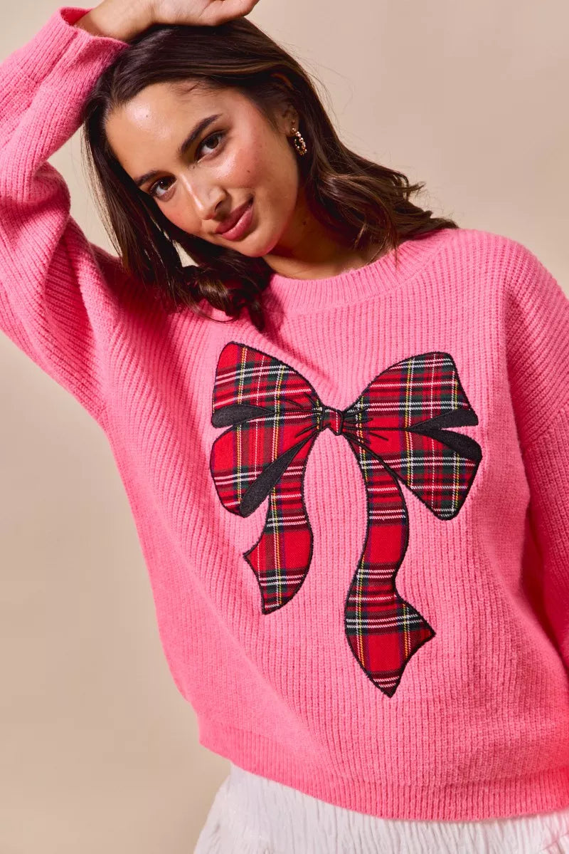 Plaid Ribbon Christmas Sweater