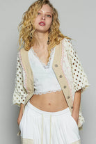 POL Button Down V-Neck Jacket with Printed Woven Patchwork