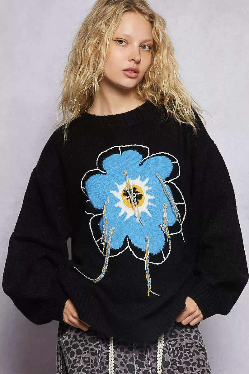 Floral Sweater with Exposed Stitching