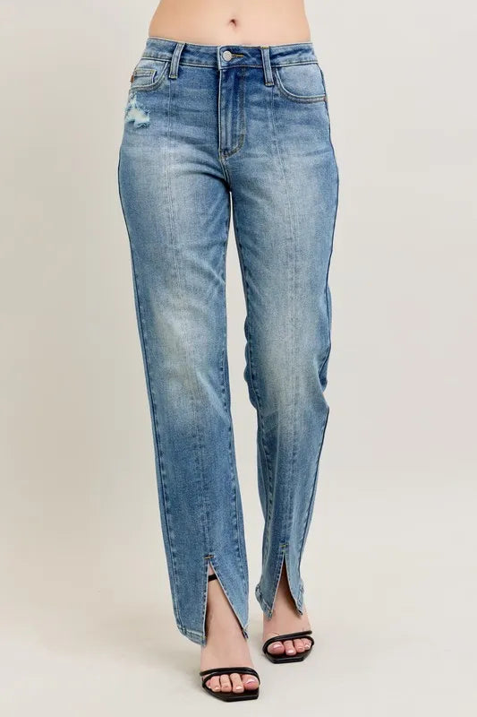 High Waist Front Seam & Slit Straight Jeans