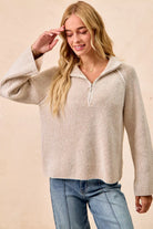 Rib Textured Knit Collared Top with Zip Up