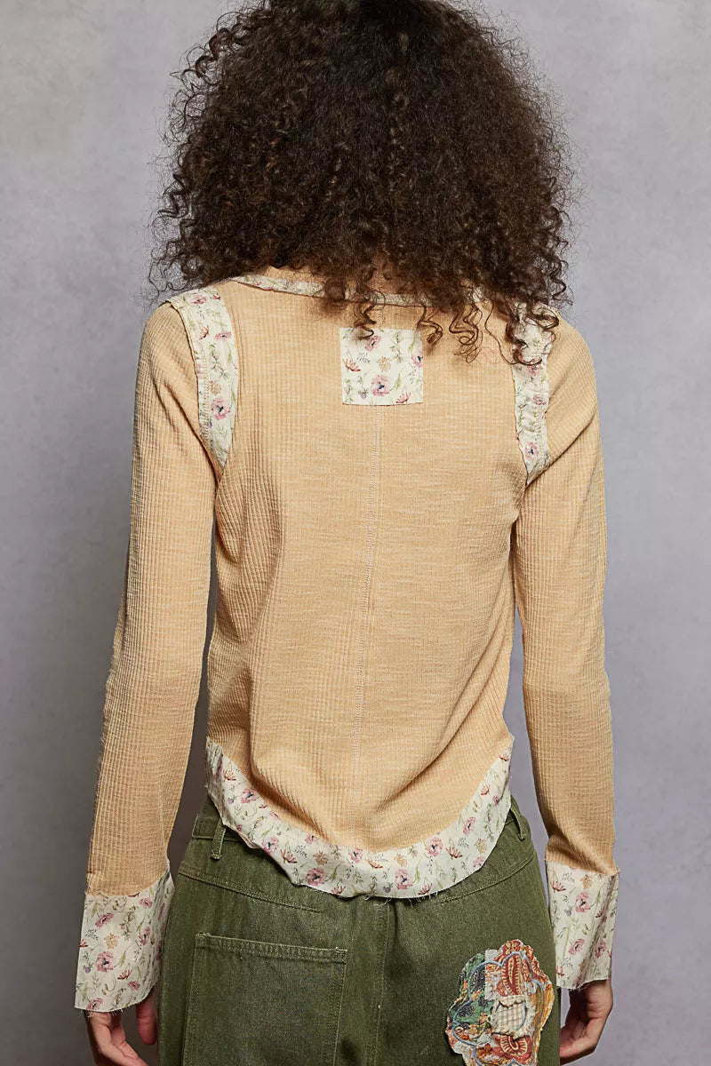 POL Floral Patch V-Neck Long Sleeve Ribbed Top