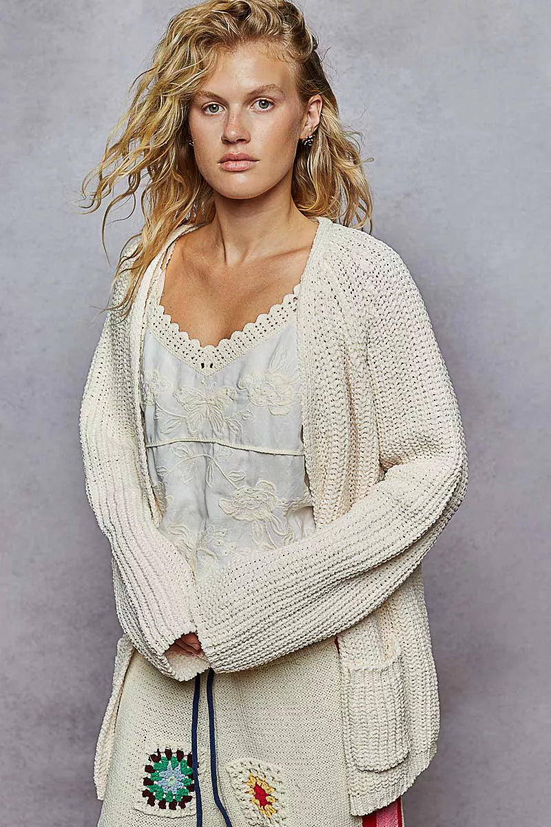 Open Front Knit Cardigan with Front Pocket