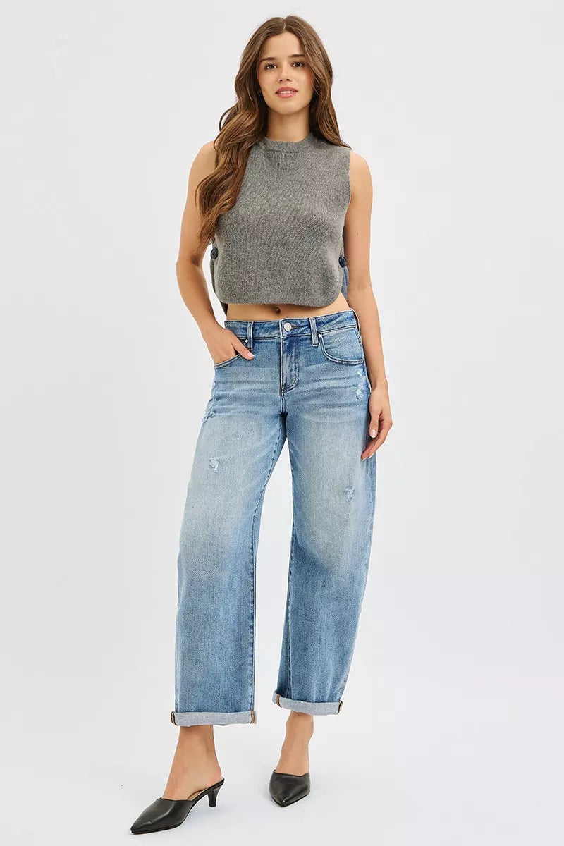 Slouchy Ankle Length Barrel Jeans with Cuffs