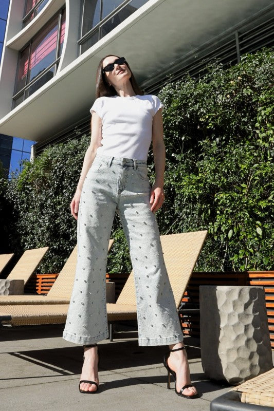 Jewel Embellished High Rise Cropped Palazzo Jeans