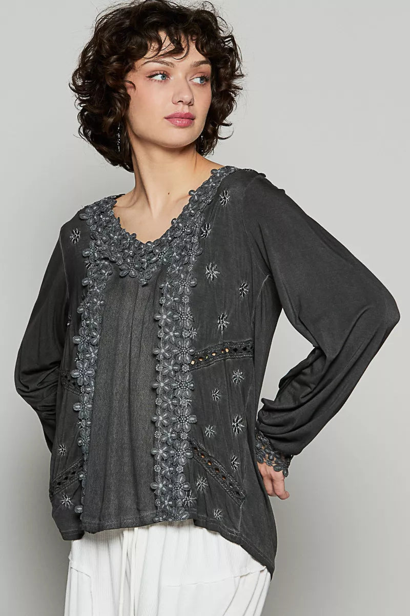 Floral Embroidery Woven Top with Lace Trim