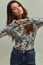 SO ME Floral Print Mesh Knit Long Sleeves Top