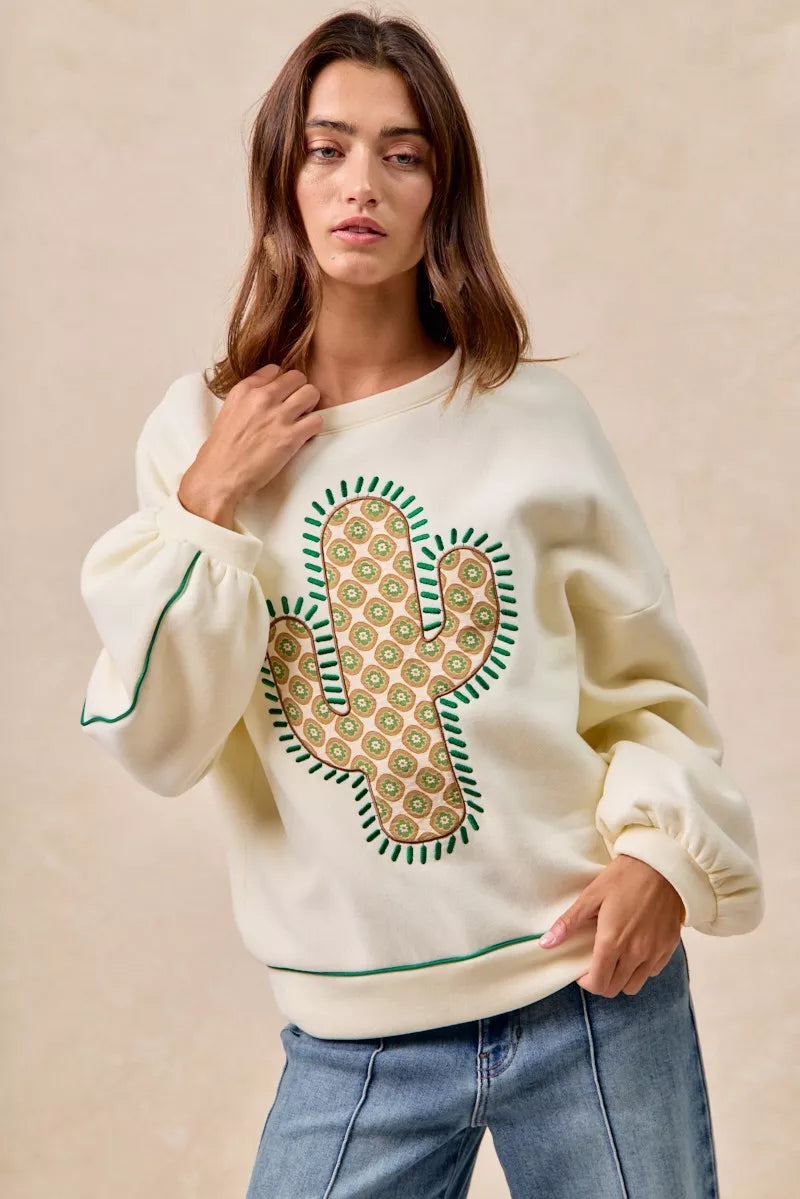 Cactus Embroidered Fleece Sweatshirt