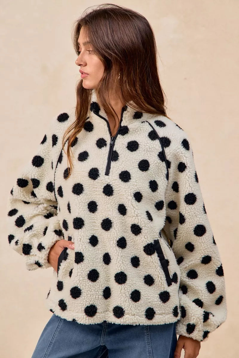 Polka Dot Sherpa Half Zip Up Top