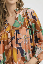 Abstract Floral Print Ruffle Neck Blouse