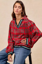 BiBi Christmas Plaid Collared Top with Ruffled Detail