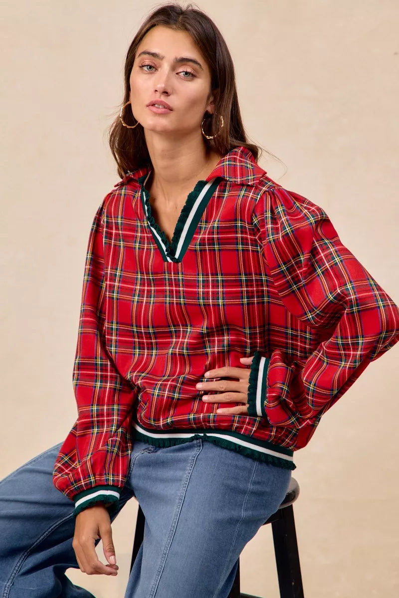BiBi Christmas Plaid Collared Top with Ruffled Detail
