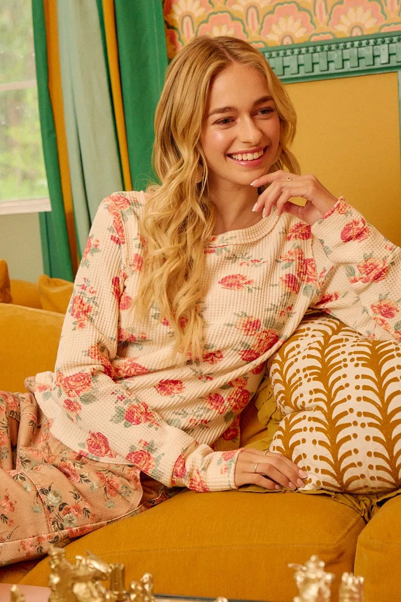 Floral Washed Waffle Thermal Top