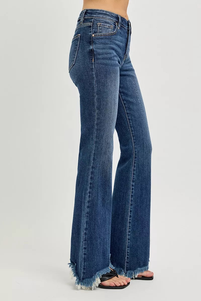 Mid Rise Flare Frayed Hem Jeans