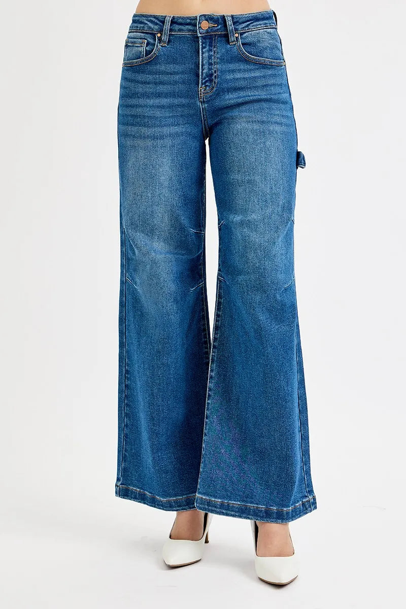 High Rise Wide Leg Patch Detailed Jeans