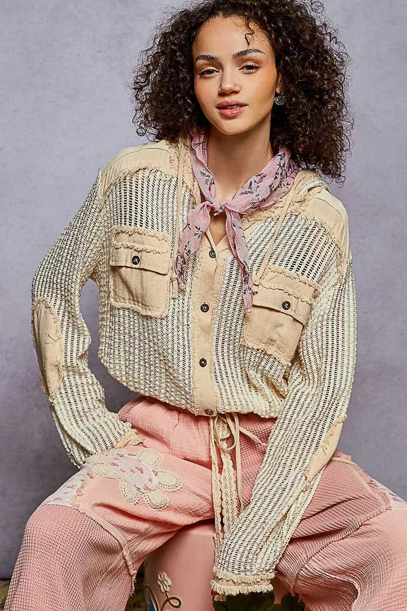 Textured Woven Button Down Hooded Shirt