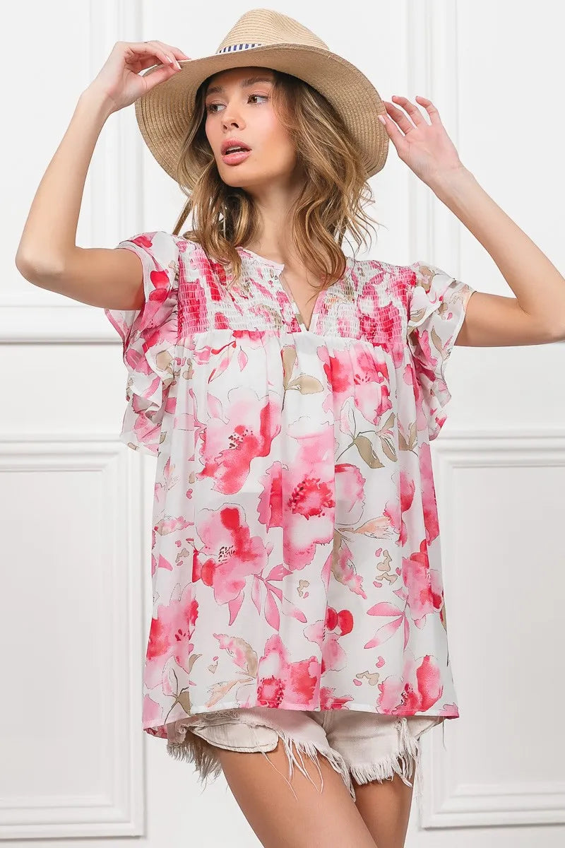 Floral Print Flutter Sheer Top