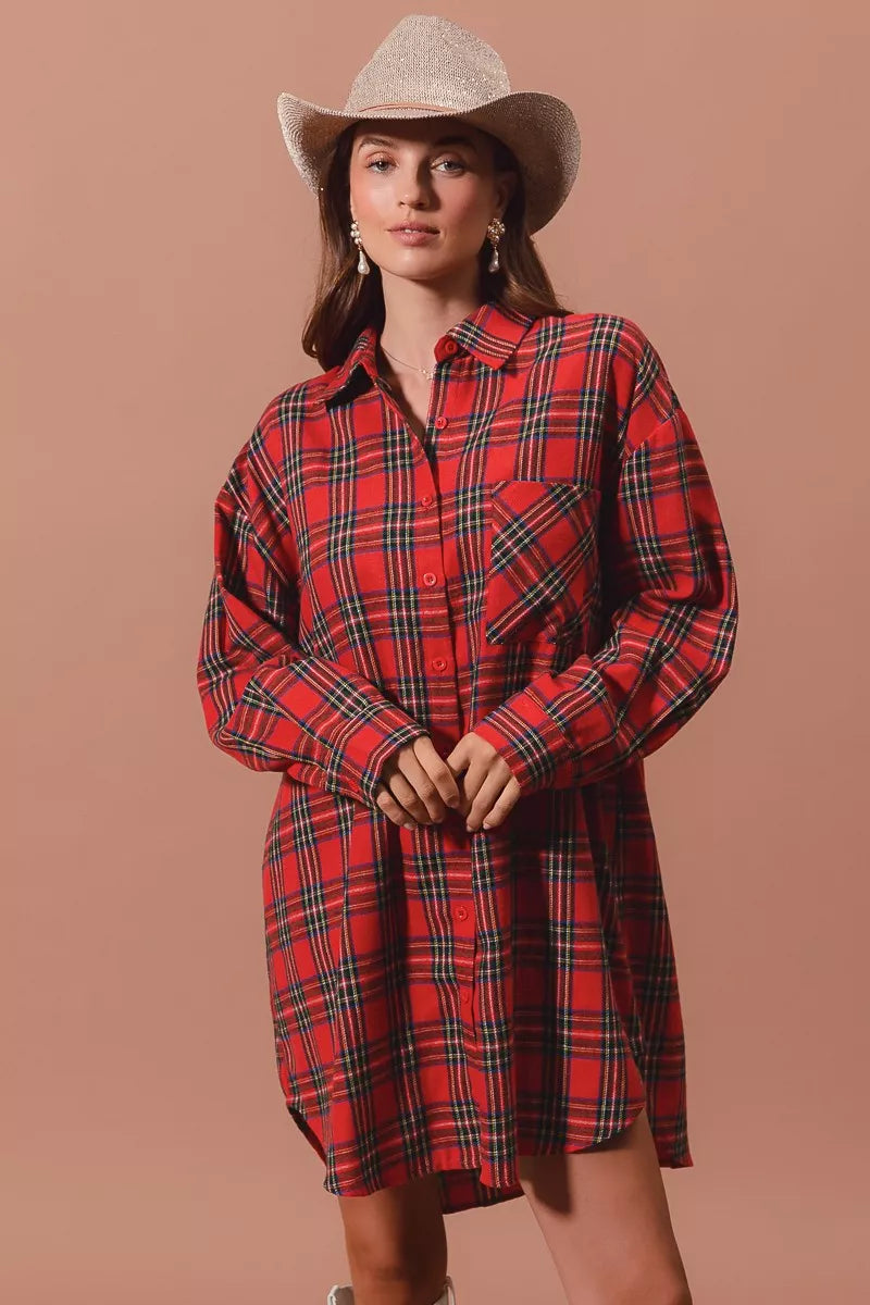 Christmas Plaid Button Up Shirt Dress