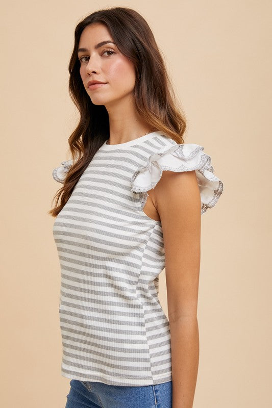 Annie Wear Ruffled Striped Round Neck Cap Sleeve Knit Top