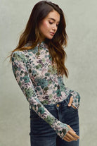 SO ME Floral Print Mesh Knit Long Sleeves Top