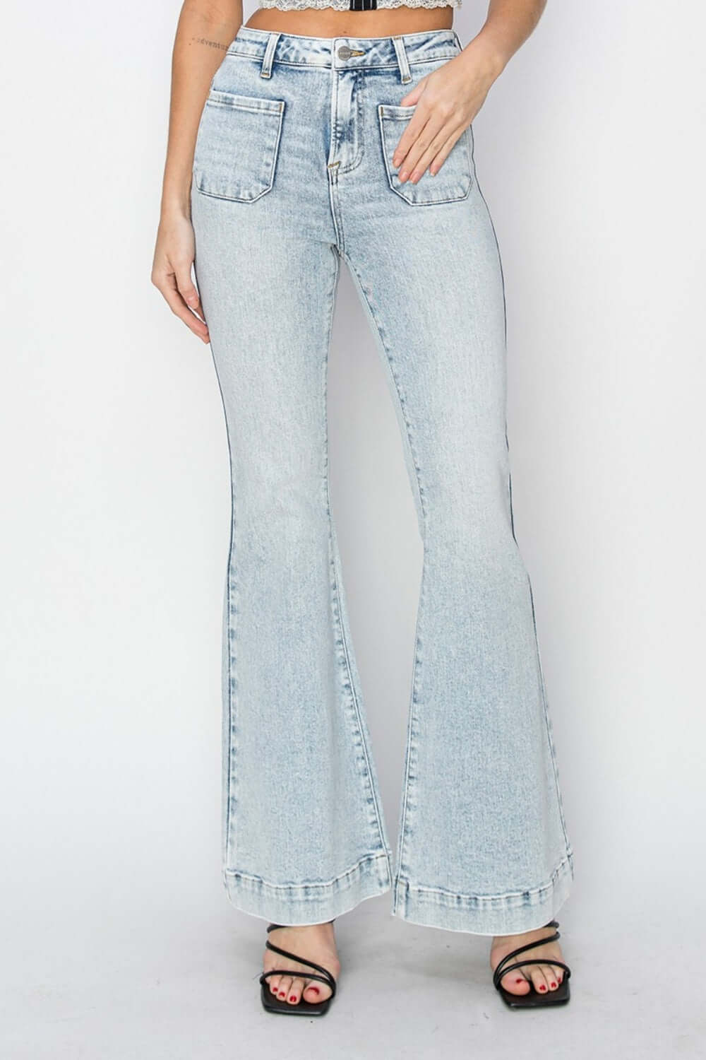 High Rise Front Patch Pocket Flare Jeans