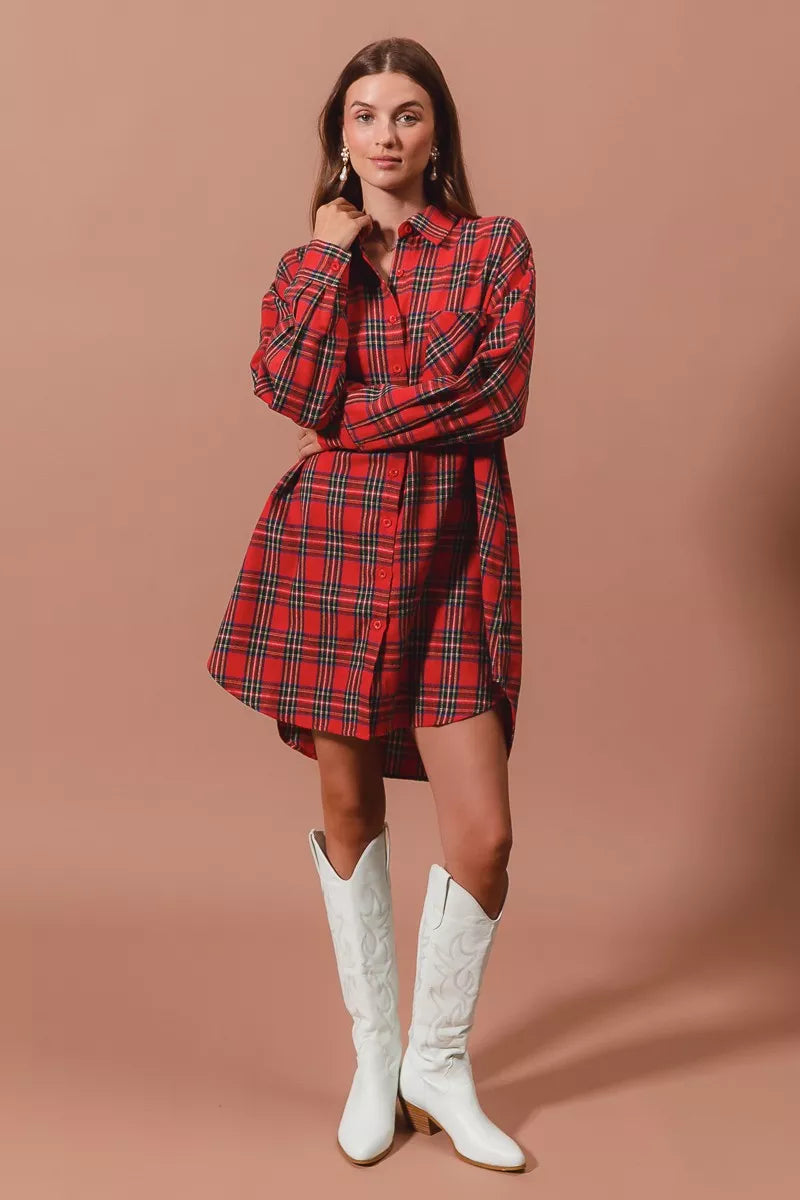 Christmas Plaid Button Up Shirt Dress