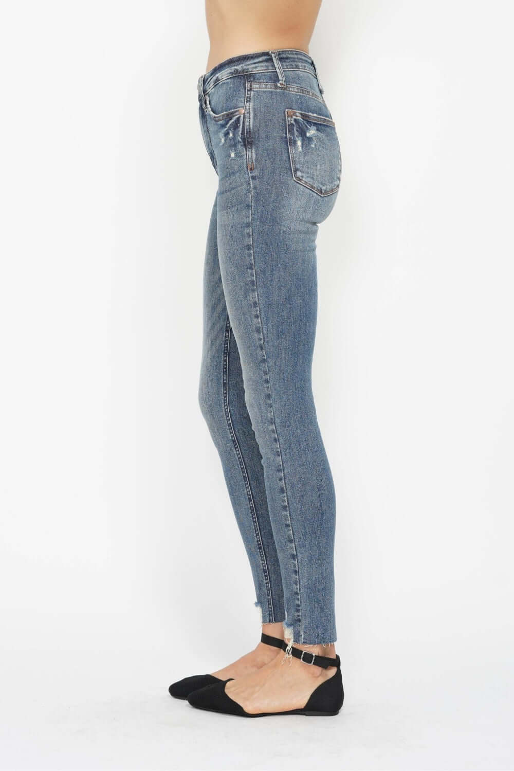 Tummy Control Vintage Wash Hem Destroy Skinny Jeans