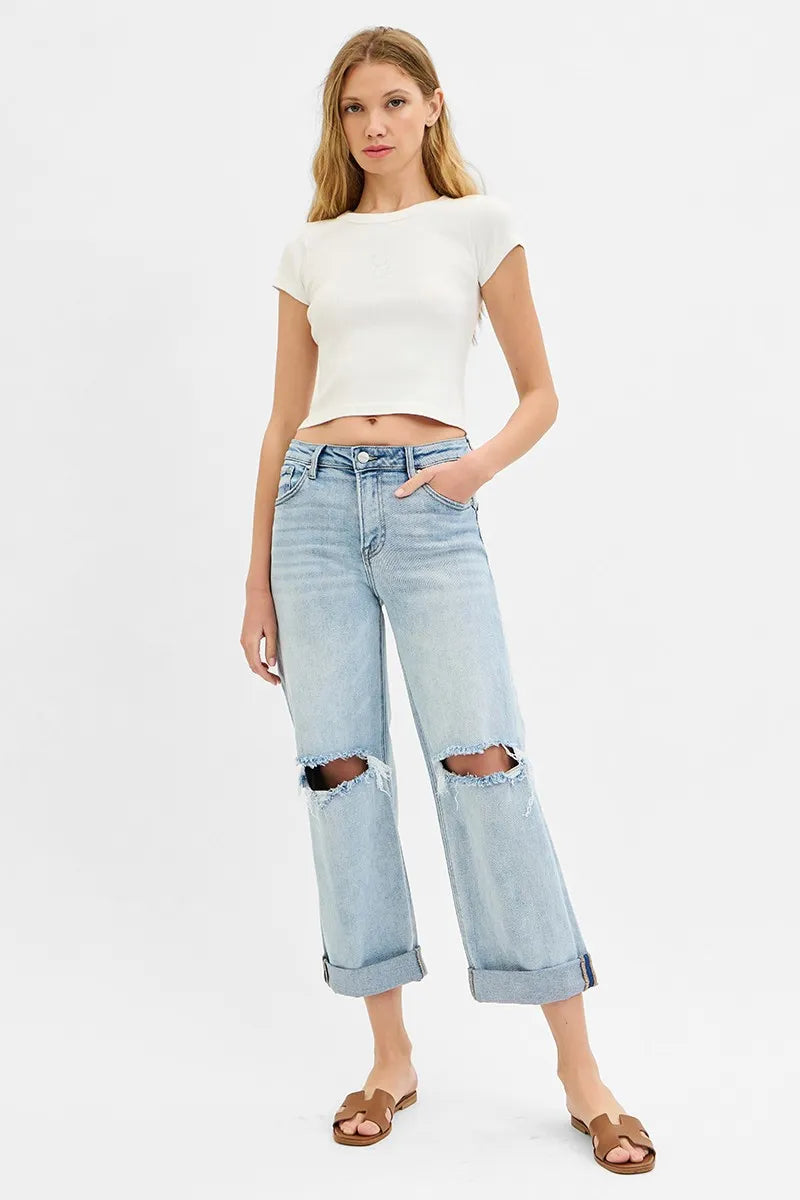 Mid Rise Fit Boyfriend Jeans with Cuff