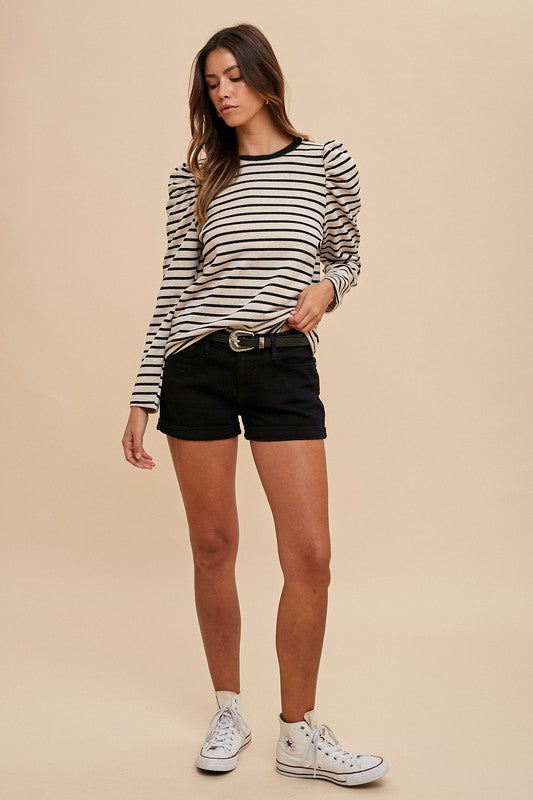 Annie Wear Striped Round Neck Puff Sleeve French Terry Top