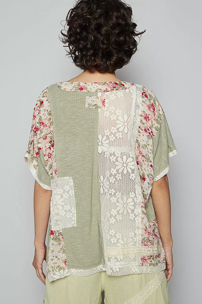 Lace Floral Pattern Top with Patch Detail