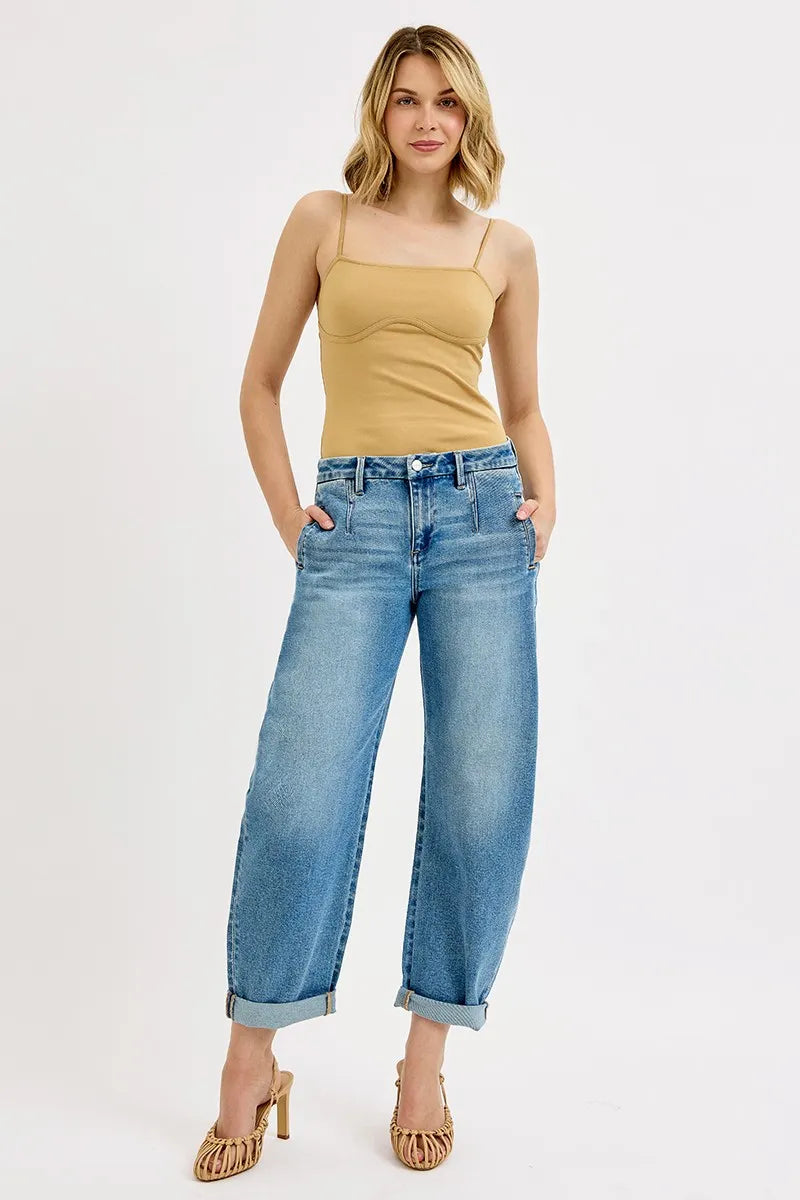 Mid Rise Barrel Roll Up Jeans