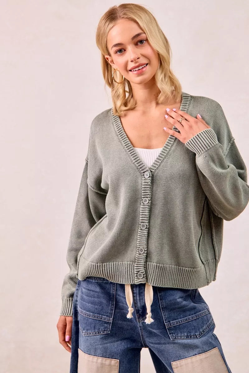 Washed Sweater V-Neck Cardigan