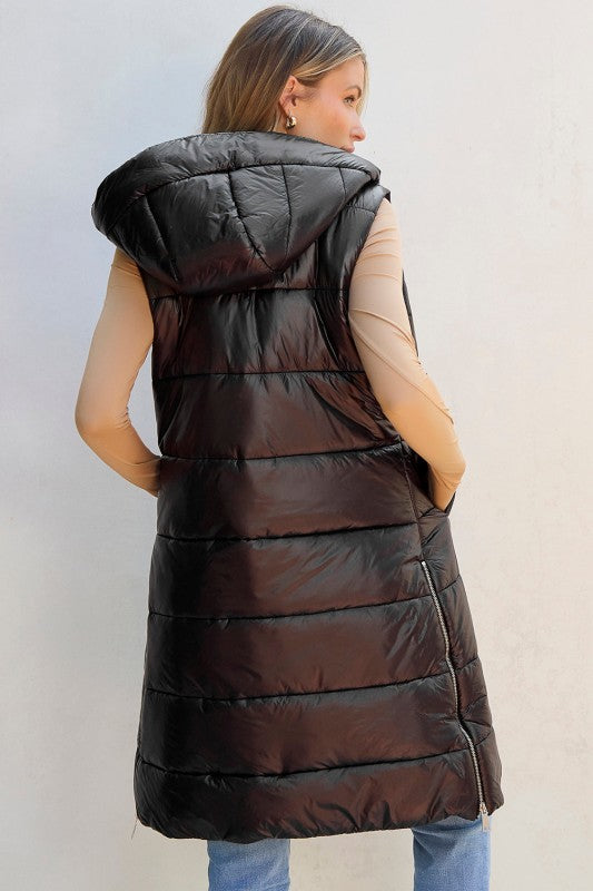 Quilted Long Hooded Vest