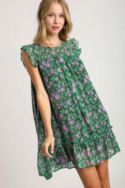 Smocked Detail Floral Metallic Ruffle Dress