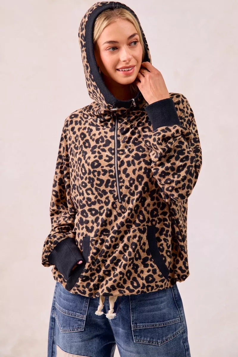 BiBi Leopard Print Waffle Half Zip Up Hoodie W Pocket