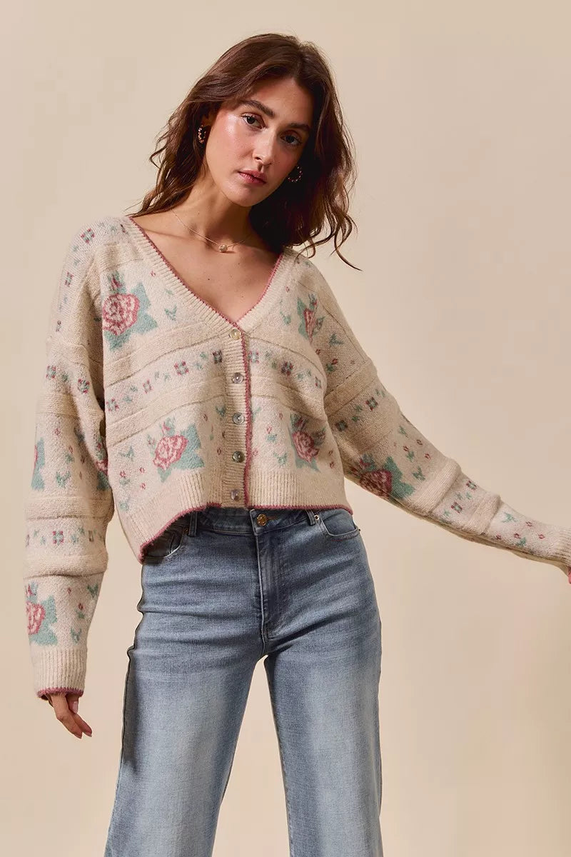 SO ME Floral Pattern Long Sleeve Button Sweater Cardigan