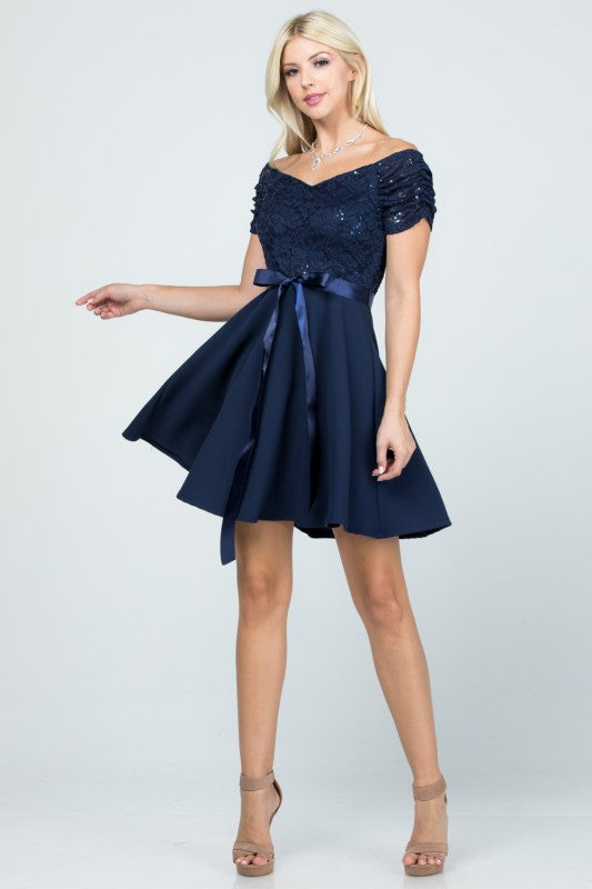Ruched Off The Shoulder Lace Fit And Flare Dress