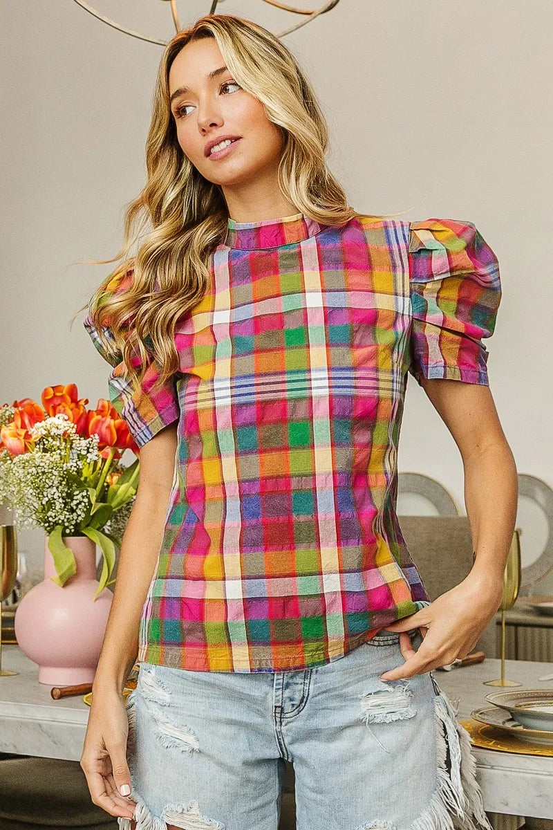 BiBi Short Puff Sleeve Washed Vintage Plaid Top