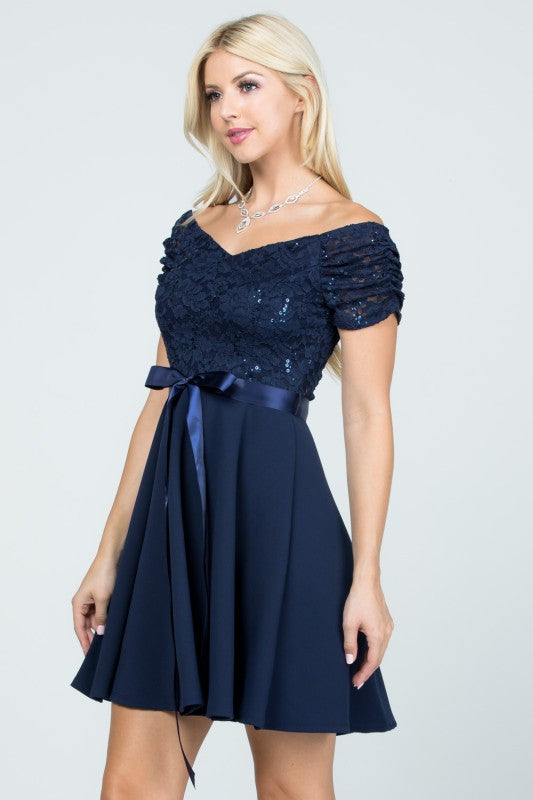Ruched Off The Shoulder Lace Fit And Flare Dress